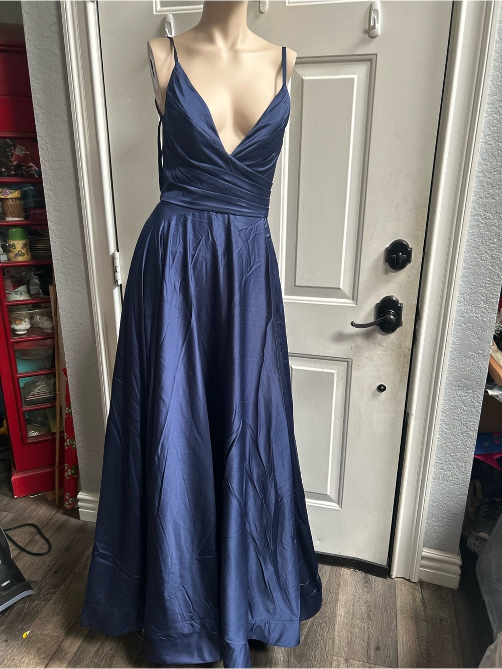 La Femme Navy Blue Long Satin w/ Side Slit & V-Shaped back Evening Dress